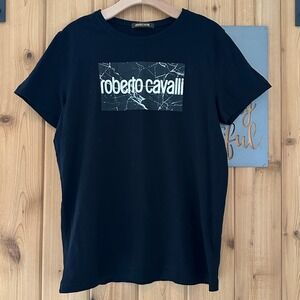 Roberto Cavalli Logo Graphic Cotton Tee in Black Short Sleeve Size Large